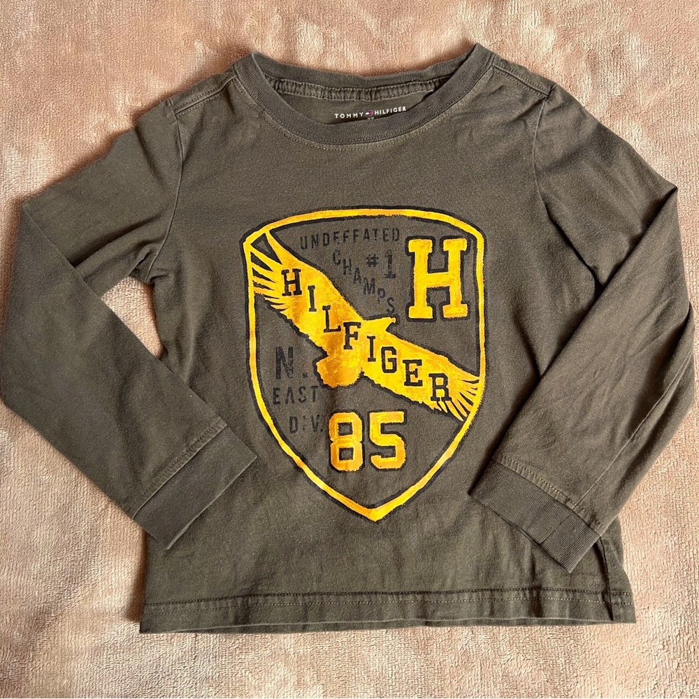 TOMMY HILFIGER Vintage Y2K Army Green Boy's Long Sleeve Crew Neck Top - Size 3T